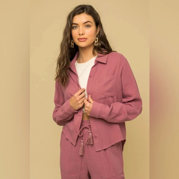 100% Cotton Boho Button Down Shirt & Pants Set(Mauve) - Picture 4 of 9